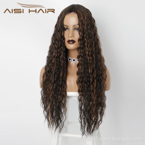Afro Heat Resistant Friendly Cheapest Natural Mixed Black Brown Long Deep Wave Synthetic Hair Wigs Lace Front